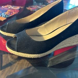 Badolino black fabric open toe wedge size 7.5M